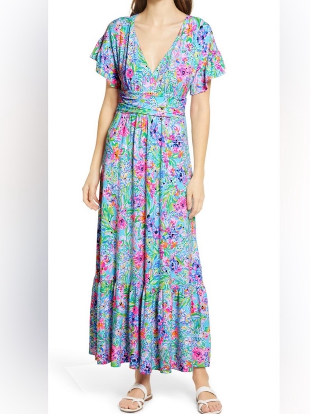 LILLY PULITZER JESSI FLORAL MAXI DRESS IN AMALFI BLUE ALLIGATOR ISLE
